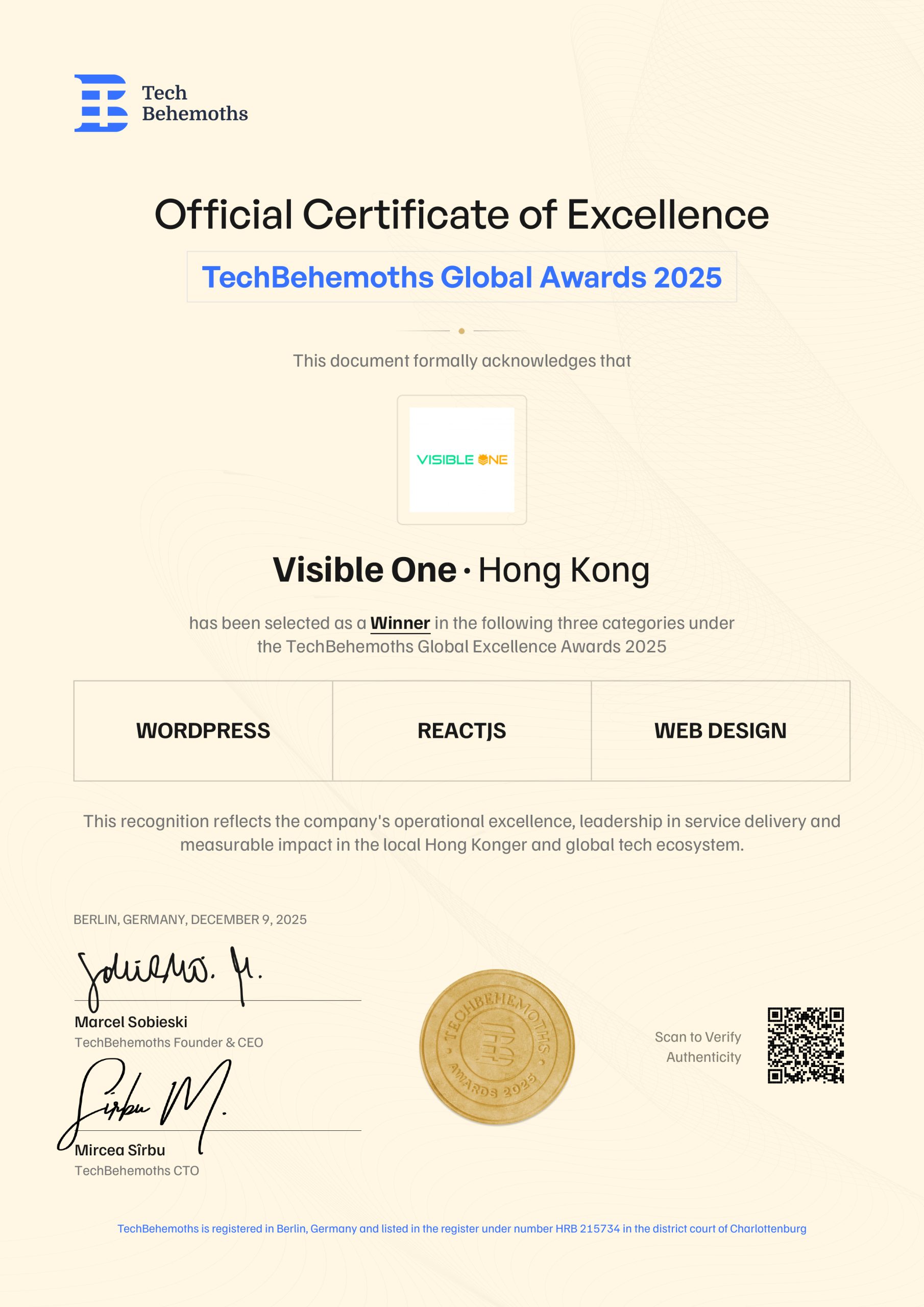 Visible One Wins the 2025 TechBehemoths Global Awards for Hong Kong