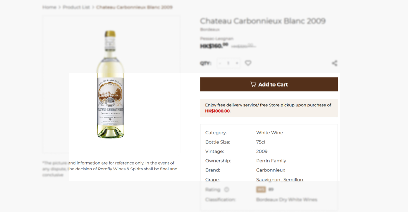product page for a bottle of Chateau Carbonnieux Blanc 2009