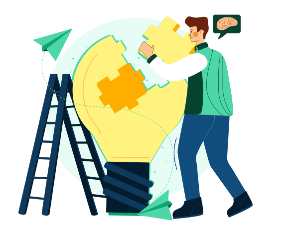 Man placing a puzzle piece into a puzzle-shaped lightbulb