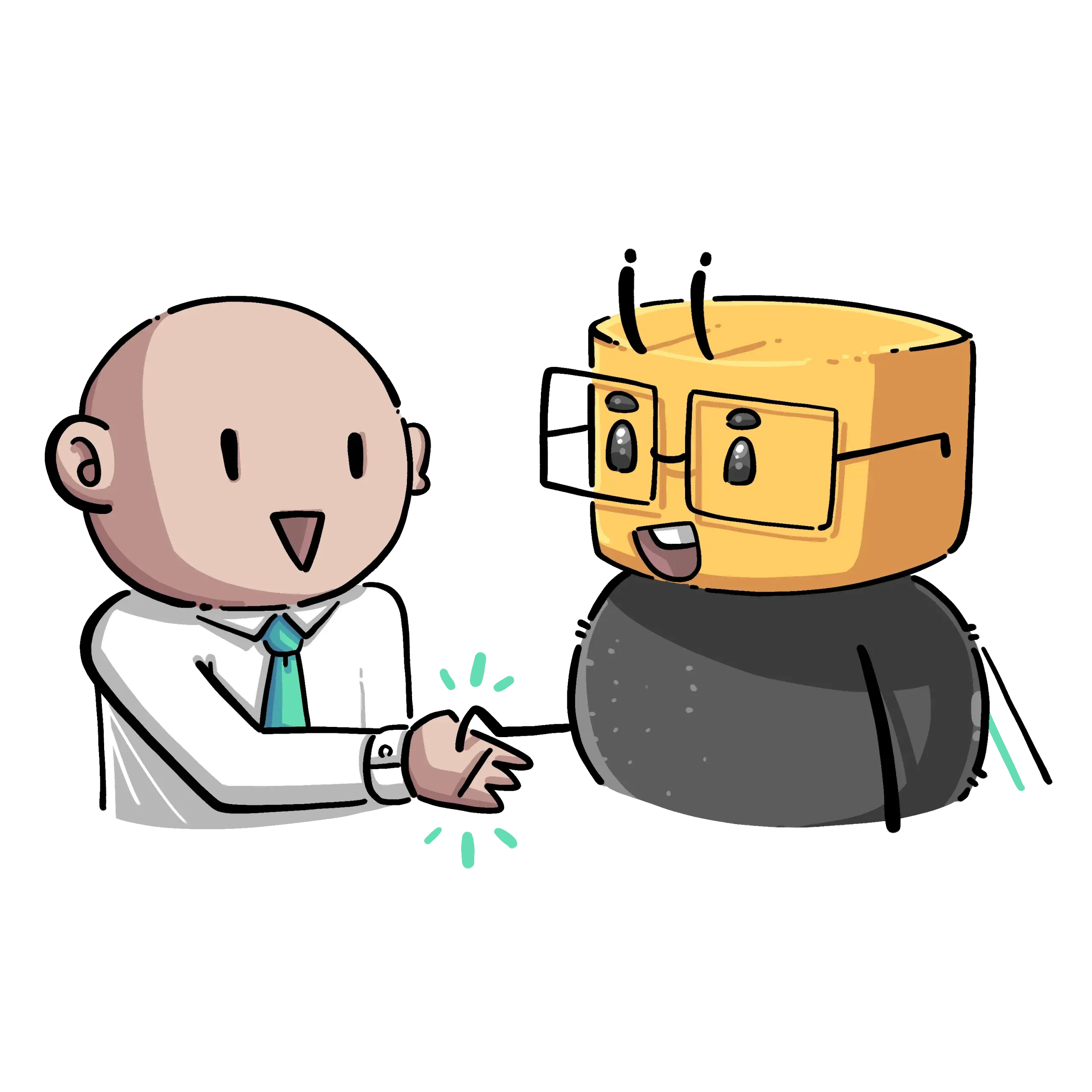 human character shaking hands with a square-headed robot or mascot