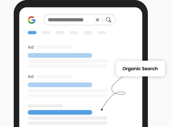 Illustration of a smartphone screen showing Google search results with 'Ad' labels at the top and a callout pointing to an 'Organic Search' result below.0